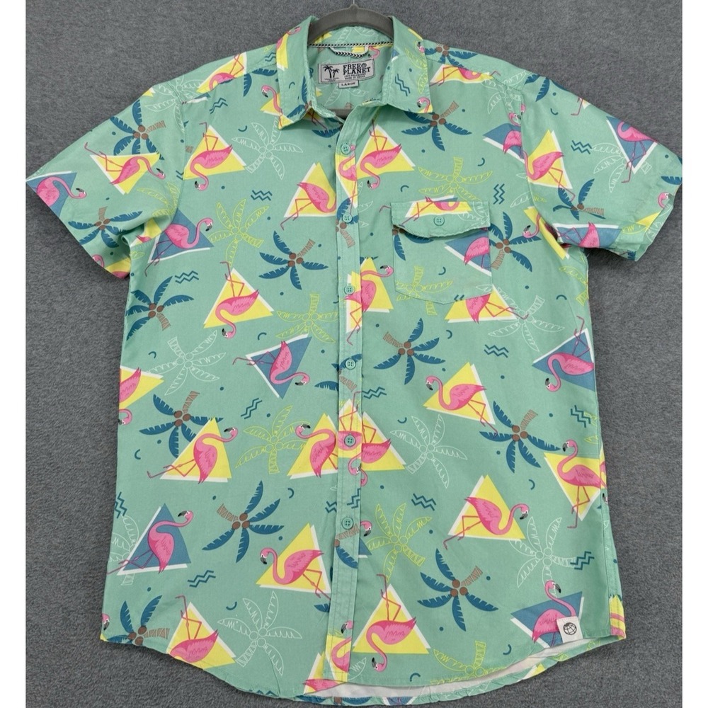 Men's Hawaiian Shirt Pink Palm Tree Geometric Print Short Sleeve Button Up Large